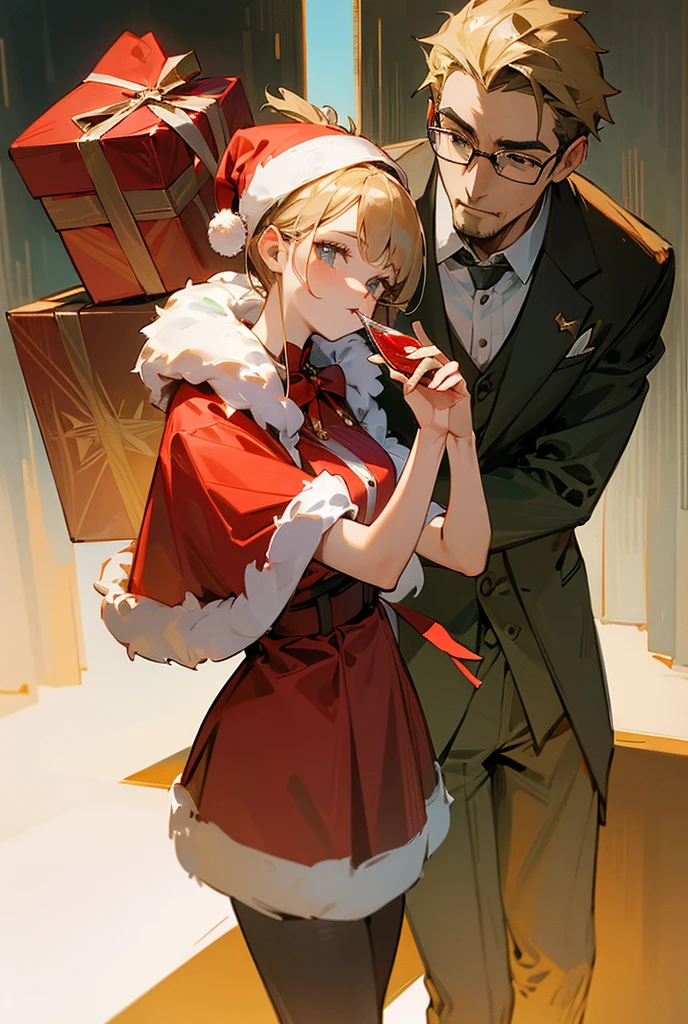 A man and a woman, wearing Christmas costumes, the man holding a gift box in his hand and the woman holding a glass of juice in her hand.