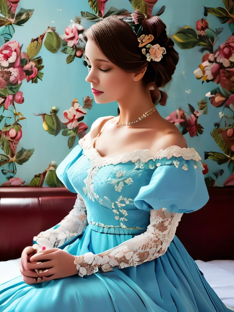 Elaborate Rococo hairstyle adorned with a white feather accessory, intricate light blue and cream floral dress featuring lace sleeves and delicate ruffles, seated elegantly on a bed with vintage floral wallpaper in the background, soft natural lighting creating a serene and timeless atmosphere, photographed from a side angle showcasing detailed antique fashion.