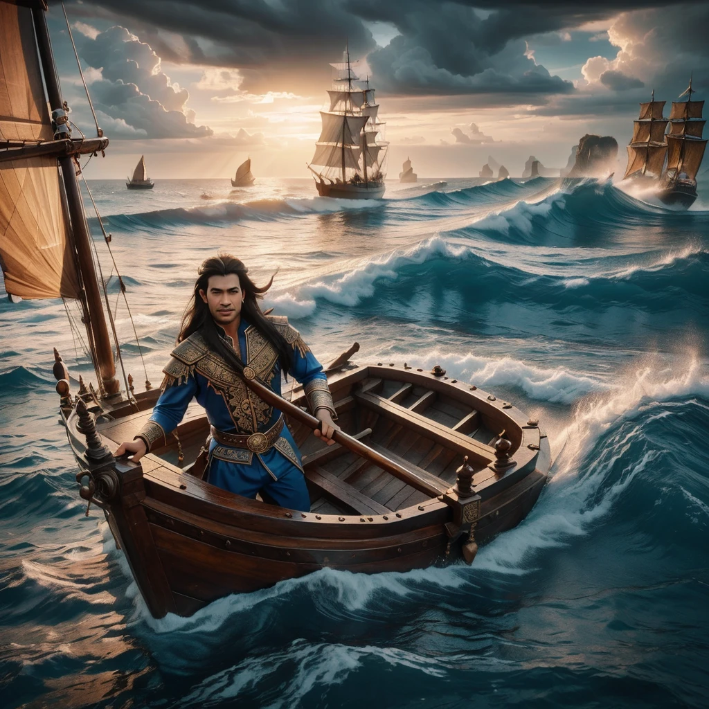 a man with piercing blue eyes, traditional Thai men outfit, foxy smile, long black hair, sharp facial features, holding antique arquerbus rifle, sailing on ancient wooden ship, giant wave, dramatic sea, ultra-detailed, dramatic clouds, dramatic ocean, dramatic sky, far view,