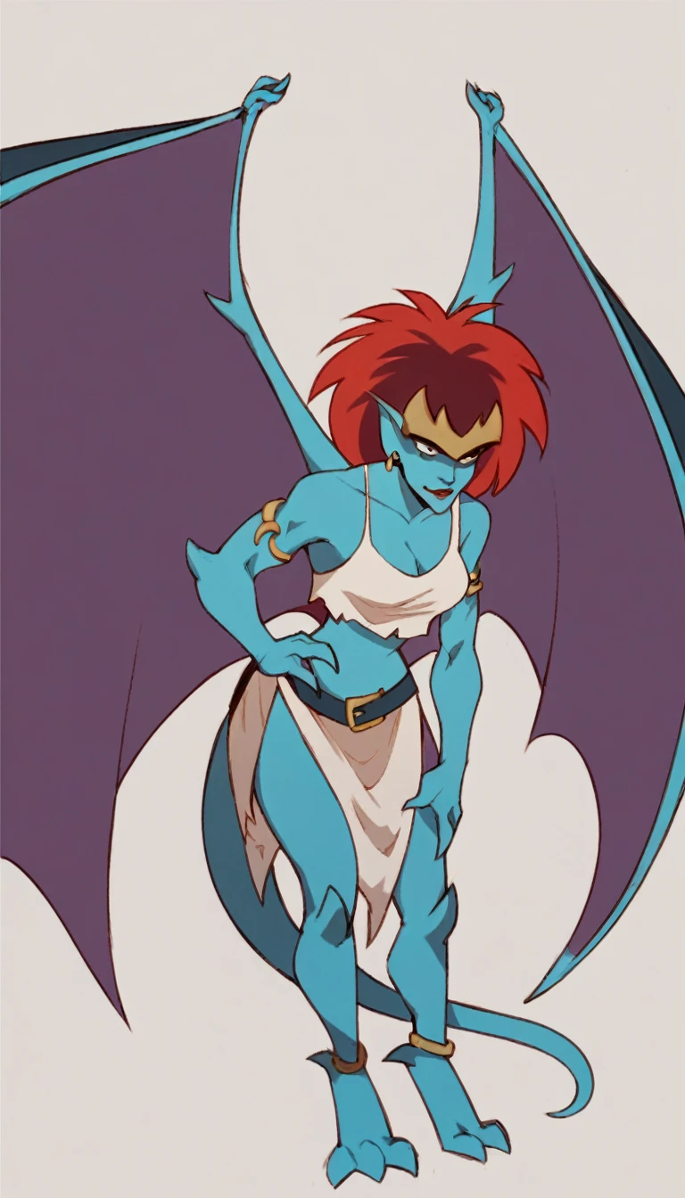 score_9, score_8_up, score_7_up, score_6_up, score_5_up, score_4_up, a girl, demona, gargoyles, wings, tail, red hair, defined abs, clothing, strong cleavage, standing, simple background, good face, good eyes, good anatomy