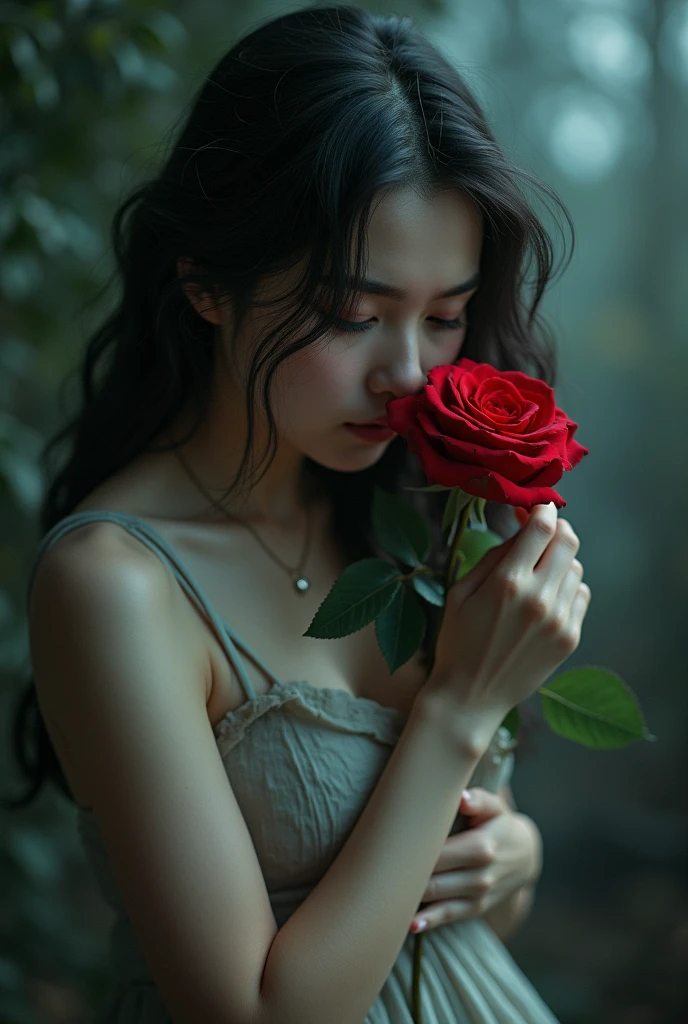 there is a woman holding a rose in front of her face, girl with a flower face, red rose in hair, holding a red rose, holding a rose, huge rose flower face, giant rose flower as a head, girl with a flower head, cover photo portrait of du juan, a young asian woman, mingchen shen, an asian woman, asian female --auto --s2