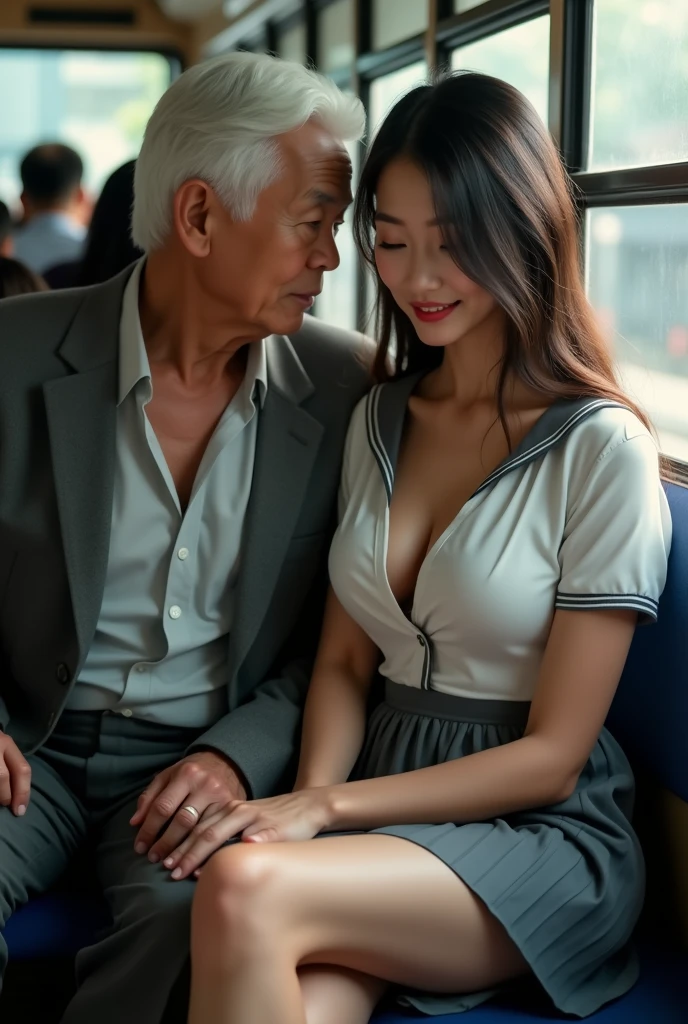 (NSFW)、highest quality、Super high resolution、huge breasts、picture perfect face、beautiful expression、beautiful face、beautiful eyes、Young woman、Subway train interior background、in a crowded train、(Lots of men on the train、Male molestation on the train)、(((( old man standing behind a woman、old man grabs a woman&#39;chest、touch from the front.、Woman Cries:1.2、they hesitate、3 males、1 female、 with a man、torn clothes))))、(insert)　、(ejaculation on body、massive ejaculation)、Expression of fear、blushing face、touched by various hands、touched by many hands、the viewer stretches out his right hand、The man has a vulgar expression、dick、(naked:1.2)、All the people in the background are in torn clothes、a man hugs、