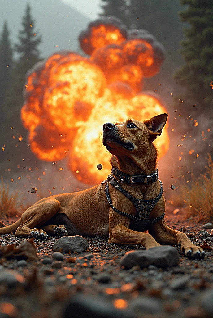 painting of a dog with a shiny collar standing in front of a fire, representando um corgi feito de fogo, fires!! hiper-realista, Bombeiro Rottweiler, ultra realistic 3d illustration, The background is on fire, ultra realistic illustration, 3 d epic illustrations, arte digital animal foto, um hiper realista, Foto retrato,