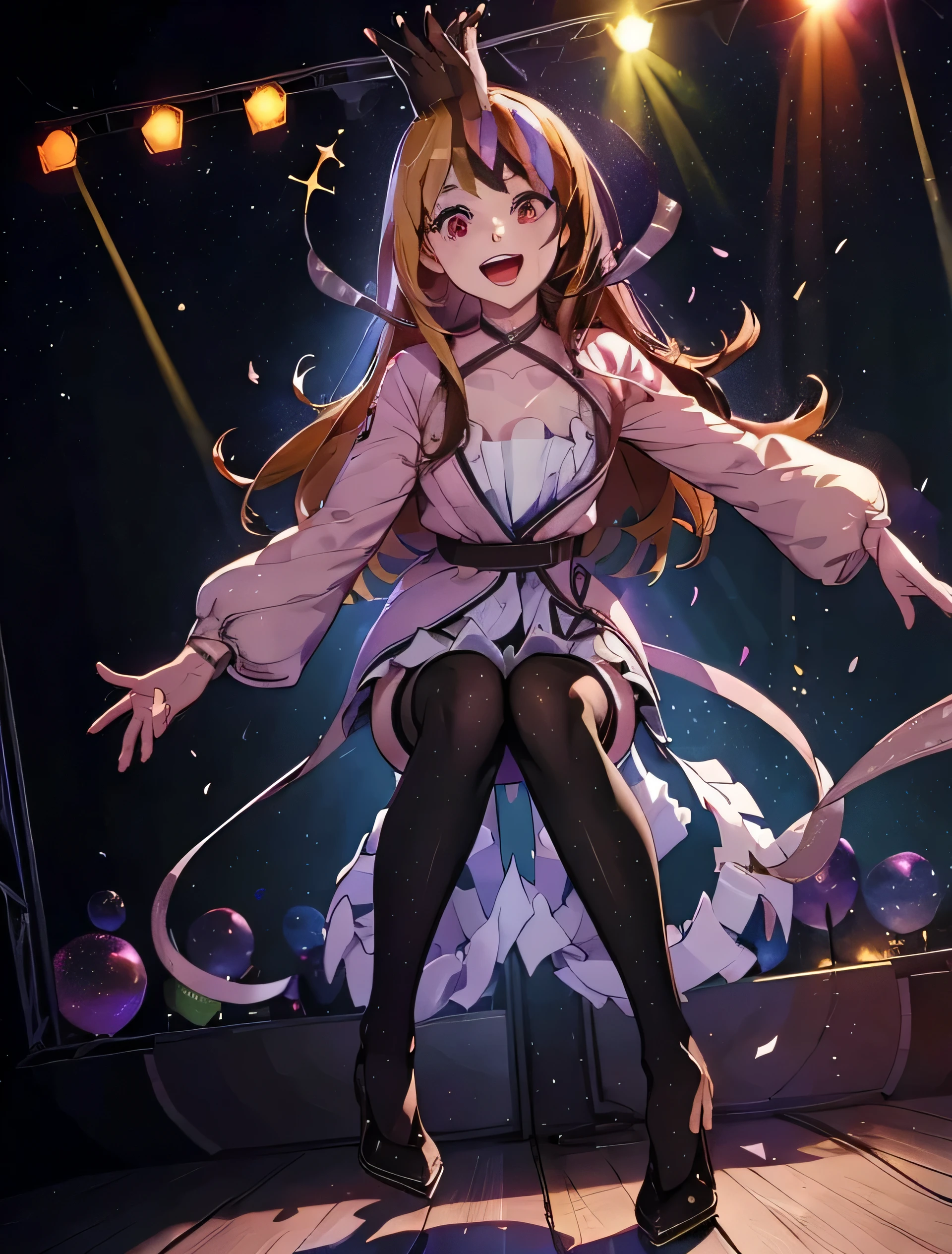 1girl, solo, galaco, slim, long sleeves, white skirt, thin legs, thigh gap, ((black tights)), crown, on stage, audience, full body, smile, singing, additional lighting, open mouth, ((squat)), knees to chest, microphone