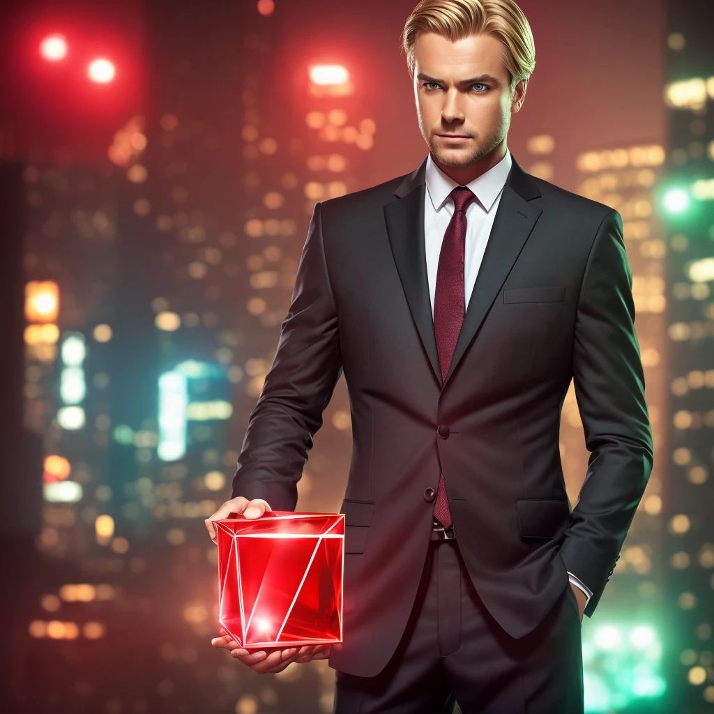 a man in a formal suit holding a red glass cube, young ray stevenson, blonde hair, green eyes, detailed facial features, night city background, cinematic lighting, high quality, 8k, photorealistic, realistic lighting, intricate details, striking color palette, dramatic composition, masterpiece