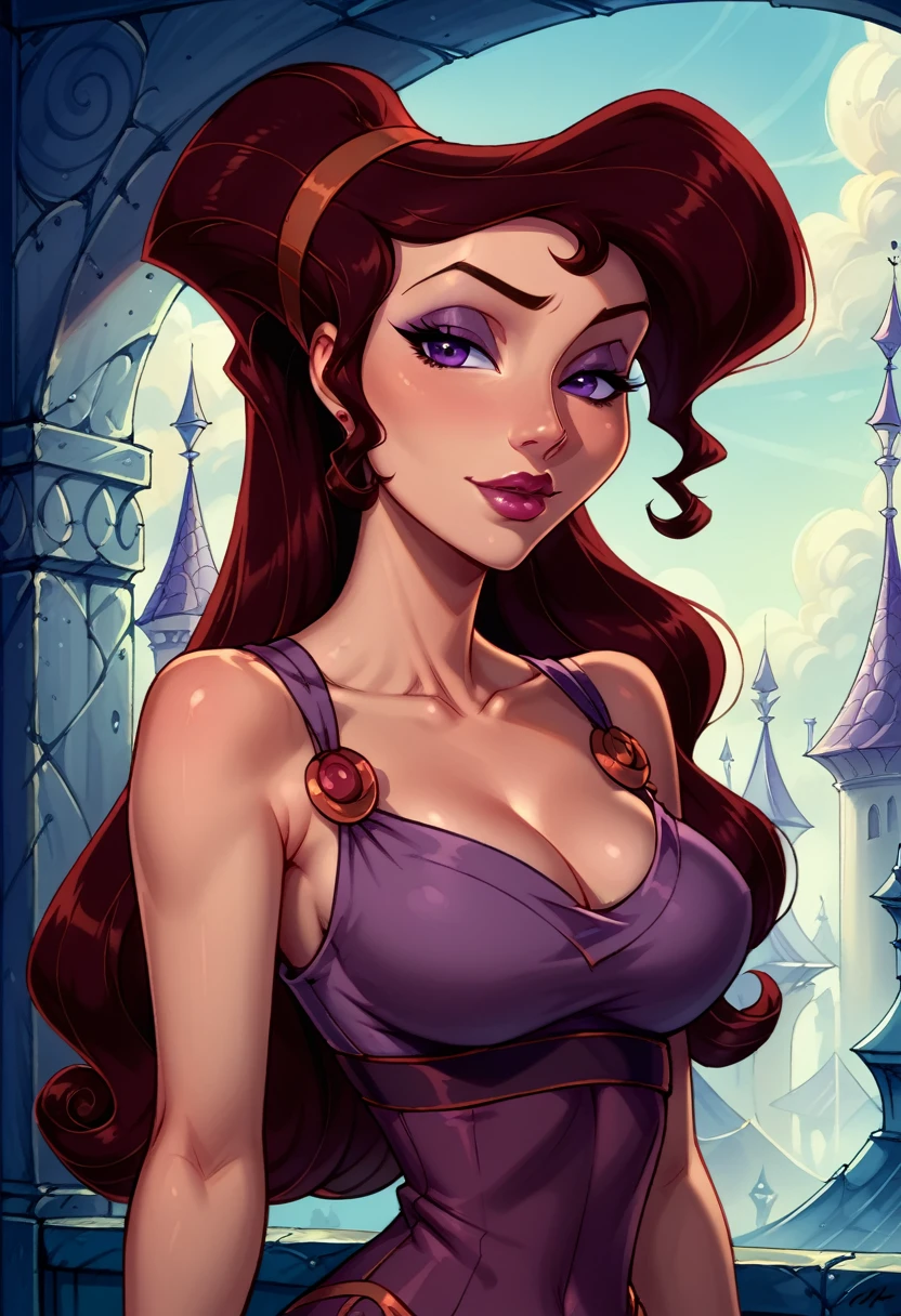 Dark Fantasy Art of score_9, score_8_up, score_7_up, rating_questionable, fantasy, lighting, epiCPhoto 1girl, very sexy Disney's Megara, m_ra, brown hair, purple eyes, ponyail, solo, cute, flirt, gaze, sexy look, half-closed eyes, head tilt, filled lips, thick lips, makeup, face portrait, modelling shoot, sexy pose, fantasy palace setting, dark, moody, dark fantasy style