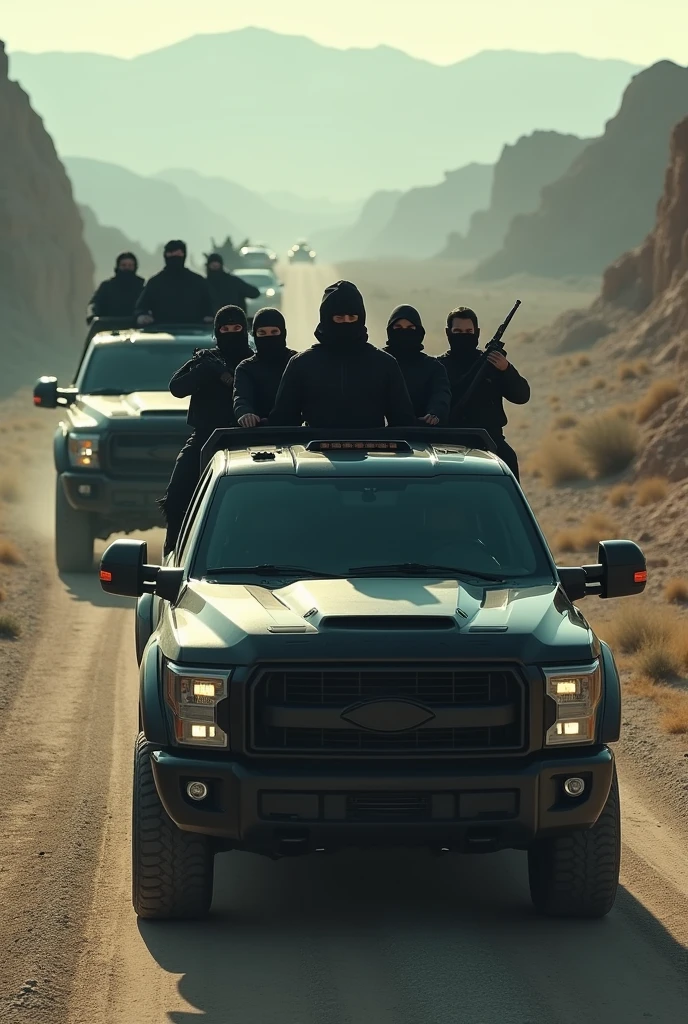epic cinematic still shot showing 4 Skull Core motorcycle gang wearing their signature chrome Skull helmets with glowing eyes wearing all black leather motorcycle jackets facing off against army forces depicted as many villainous dark furry silverback gorilla men wearing all black military gear armed with random real life military weapons in a epic desert showdown. max quality.