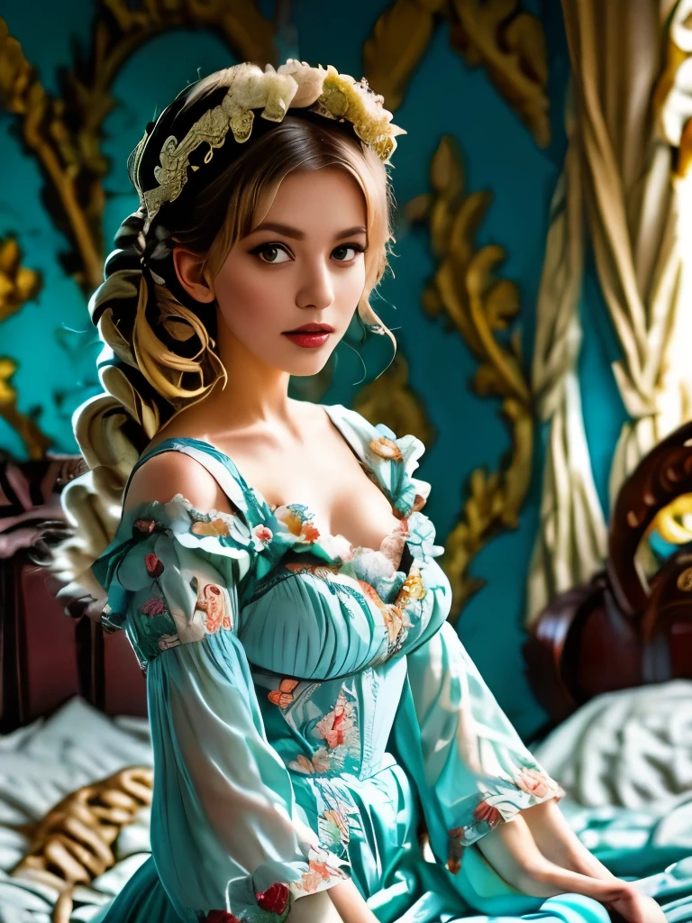 Elaborate Rococo hairstyle adorned with a white feather accessory, intricate light blue and cream floral dress featuring lace sleeves and delicate ruffles, seated elegantly on a bed with vintage floral wallpaper in the background, soft natural lighting creating a serene and timeless atmosphere, photographed from a side angle showcasing detailed antique fashion.