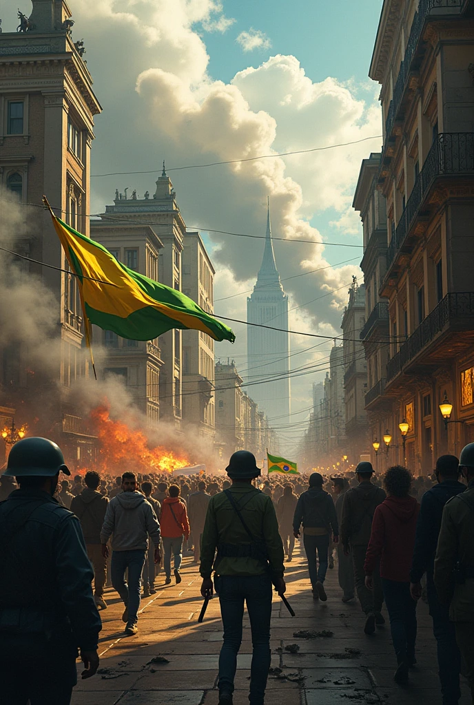 he image could depict a symbolic moment representing the end of the Estado Novo in Brazil. Here's a suggestion: The scene unfolds in a public square where people from different backgrounds and ages gather. In the center of the image, a broken monument signifies the fall of the authoritarian regime. Around this monument, people are embracing, some holding unfurled Brazilian flags, symbolizing national unity. The sky above is illuminated with rays of sunlight, symbolizing the arrival of a new era of hope and freedom. At the bottom of the image, broken chains are scattered on the ground, symbolizing the liberation of the Brazilian people. Historical elements, such as newspapers from the time with headlines about the end of the Estado Novo, may be scattered around the scene, emphasizing the significance of this moment in Brazilian history. This image aims to convey the idea of overcoming, unity, and democratic rebirth that marked the end of the Estado Novo.