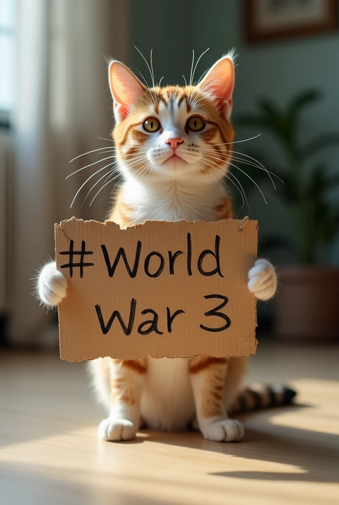 cinematic film still a activist cat rally, protesting against war, making a  peace sign, holding a sign  text:("No War") ,paws , shallow depth of field, vignette, highly detailed, high budget, bokeh, cinemascope, moody, epic, gorgeous, film grain, grainy