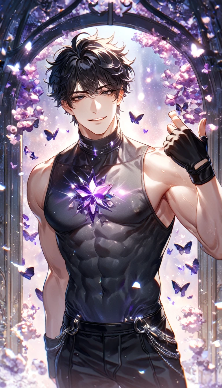 Ultra detailed, HDR, Highres, absurdres, master piece, Eren Jeager, brown hair, expressive turquoise eyes, Shingeki No Kyojin, toned chest, black tight shirt, purple glittering moon, purple ice, petals, purple ice roses, sexy man, solo, extremely detailed face and eyes, handsome, glittering, purple stained glass, black jacket with patterns, water
