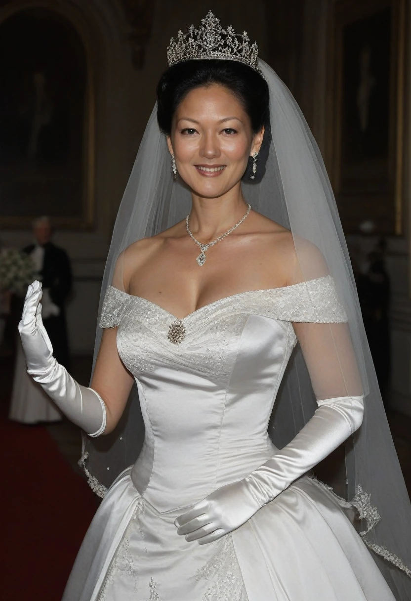 Alexandra, Countess of Frederiksborg, 1girl, Solo, dark hair, asian woman, wearing a satin ballgown wedding dress, white gloves, long veil, tiara, necklace, earrings, sultry look, High Resolution, Smile, Looking at viewer, Masterpiece, Anatomically Correct, HD, High Quality, High Details, UHD, cute face, perfect face, (masterpiece), best quality, expressive eyes, perfect face, good hands, best hands, detailed, high quality, high resolution. 8k, holding bouquet