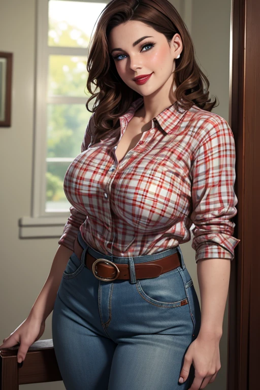 Beautiful 4 woman with short wavy brown hair, firm body, perfect breasts, detailed face, blushing cheeks, tender expression, red lips, light blue eyes, red plaid shirt, jeans, cowboy belt, charming smile 