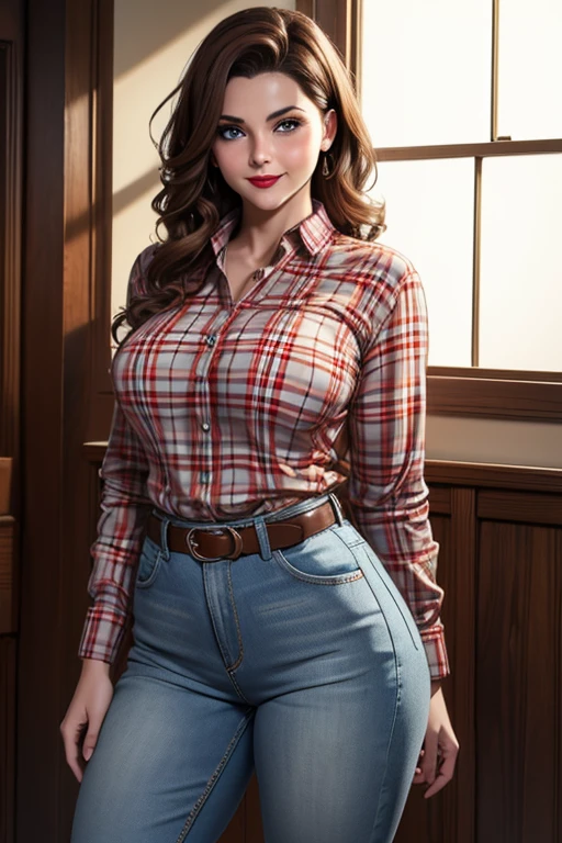 Beautiful 4 woman with short wavy brown hair, firm body, perfect breasts, detailed face, blushing cheeks, tender expression, red lips, light blue eyes, red plaid shirt, jeans, cowboy belt, charming smile 