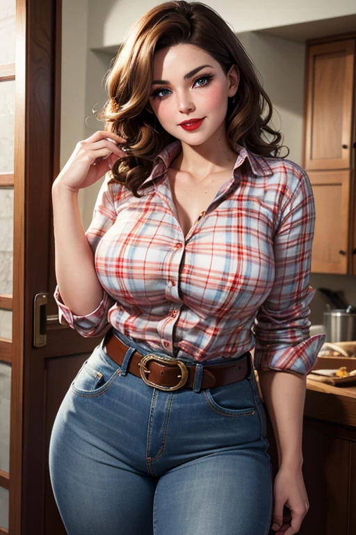 Beautiful 4 woman with short wavy brown hair, firm body, perfect breasts, detailed face, blushing cheeks, tender expression, red lips, light blue eyes, red plaid shirt, jeans, cowboy belt, charming smile 