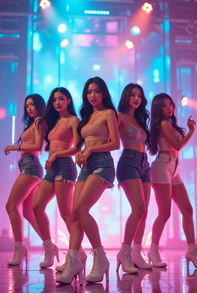 hip zoom,multi angle,realistic,8k,Beautiful multiple dark hiphop asian dance team girls, rock dancers estilo love dance team live, dancing and singing for her fans at the stadium