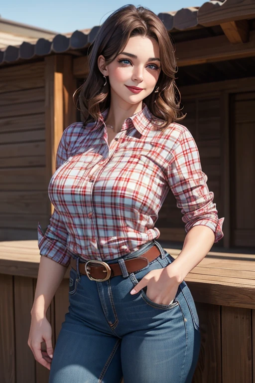 Beautiful 4 woman with short wavy brown hair, firm body, perfect breasts, detailed face, blushing cheeks, tender expression, red lips, light blue eyes, red plaid shirt, jeans, cowboy belt, charming smile 