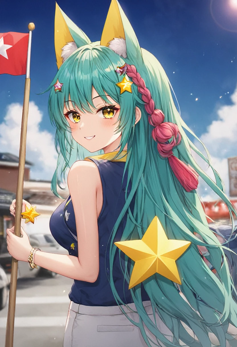 Full body shot, sexy, vibrant colors, girl, masterpiece, sharp focus, best quality, depth of field, cinematic lighting, hat, long hair, green hair, red eyes, laughing, smile, medium breasts, outdoors, fireworks, salute, night sky, starry sky, city, water, , white captain outfit