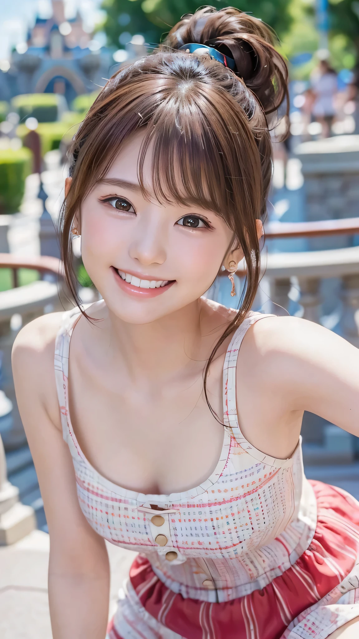 (Ultra-high resolution, DSLR shot, 8K, highest quality, high resolution, highest quality, highest resolution, very beautiful woman, perfect anatomy), bright brown eyes, very bright brown eyes, small diamond-shaped earrings, looking directly at the camera, beautiful brown hair, ((baby-faced, loosely cute medium ponytail)), very short and beautiful bangs on brown hair, E-cup chest, very beautiful 20-year-old, lip gloss, smiling very happily, very cute smile, upper teeth, beautiful teeth, (Disneyland (background only)), slightly larger eyes, small face, tall supermodel, beautifully shaped model, (random cute pose), dynamic angle, eye focus, head tilt, very detailed and realistic, very beautiful 20-year-old, ((medium shot)), sharp jawline, ((random cute patterned dress)), deep waistline, sexy legs, front view, smiling very happily, laughing, summer daytime