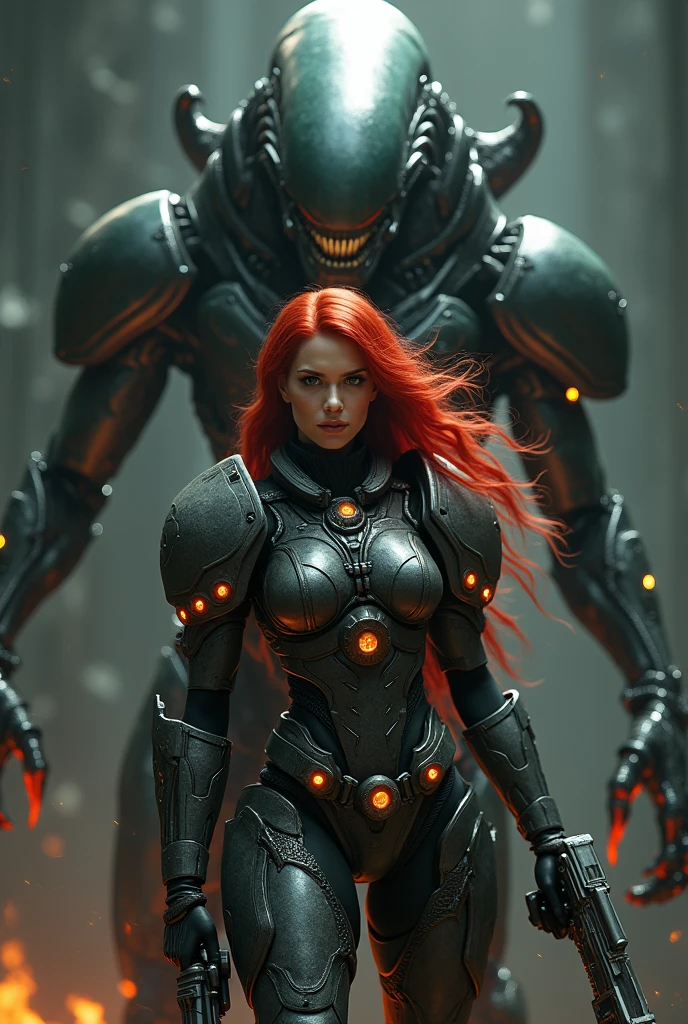 (Background of skimpy mechanical girl and octopus alien)、(Mystical expression)、highest quality、masterpiece、Super high resolution、(Photoreal:1.4)、RAW photo、1 girl、glowing skin、(((1 Mechanical Girl)))、Heavy chest、(red metalボディスーツ)、(Natural alien background to fight aliens)、(Small LED)、((Super realistic details))、vertical giant monster background),global illumination、Shadow、octane rendering、8k、super sharp、Robot background、big breasts、Raw skin exposed in the cleavage、red metal、intricate decorative details、Japan details、very intricate details、realistic light、(Mystical expression),CG Society Trenlow Eyes、Eyes shining towards the camera、Mechanical marginal blood vessels connected to neon detail tubes)、(Wires and cables connecting to the head)、Small LED、,mechanical thighs、two stock、(Hands are also made of machines)、roboT、future alien、Please wear a mechanical helmet、transparent face guard on helmet、