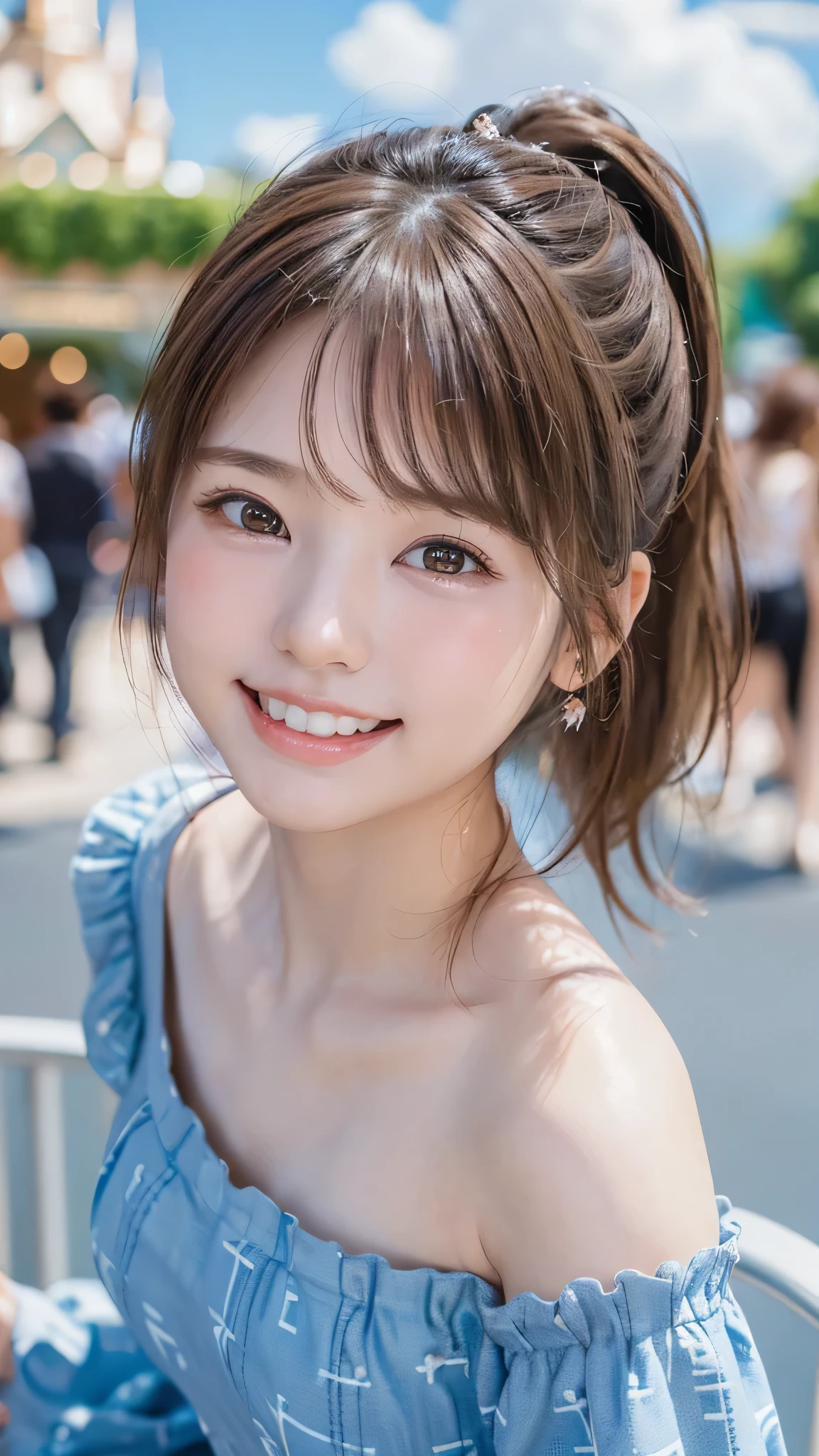 (Ultra-high resolution, DSLR shot, 8K, highest quality, high resolution, highest quality, highest resolution, very beautiful woman, perfect anatomy), bright brown eyes, very bright brown eyes, small diamond-shaped earrings, looking directly at the camera, beautiful brown hair, ((baby-faced, loosely cute medium ponytail)), very short and beautiful bangs on brown hair, E-cup chest, very beautiful 20-year-old, lip gloss, smiling very happily, very cute smile, upper teeth, beautiful teeth, (Disneyland (background only)), slightly larger eyes, small face, tall supermodel, beautifully shaped model, (random cute pose), dynamic angle, eye focus, head tilt, very detailed and realistic, very beautiful 20-year-old, ((medium shot)), sharp jawline, ((random cute patterned dress)), deep waistline, sexy legs, front view, smiling very happily, laughing, summer daytime