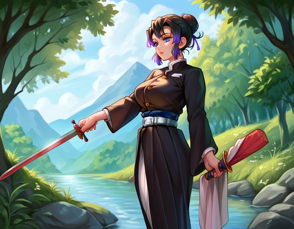 score_9, score_8_up,score_7_up, score_6_up, score_5_up, score_4_up, (top-quality, masterpiece:1.2) , highly detailed, masterpiece, cinematic lighting, high quality artwork, beautiful, detailed background, 1girl standing in a river, holding a sword, action shot, long shot, kimetsu no yaiba, Demon slayer artstyle, illustration, bun hairstyle, detailed clothes, detailed hair, detailed eyes, detailed skin.
