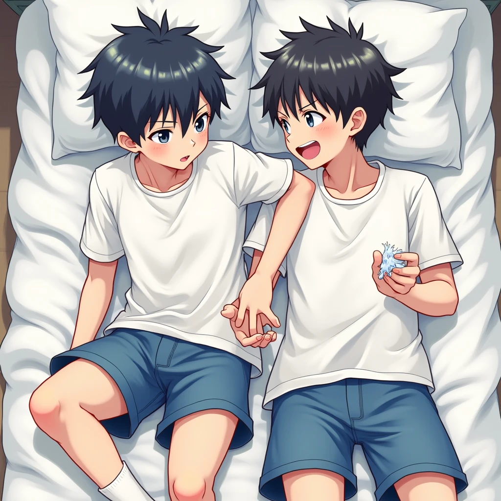 anime, ???, boy, cute face, sitting on the armchair, shirtless, black hair, blue eyes, watching TV, laughing