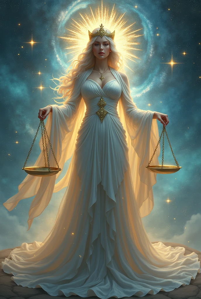 Create the goddess of justice, with the scales of justice tilted and the bandage on his eyes stained with blood 