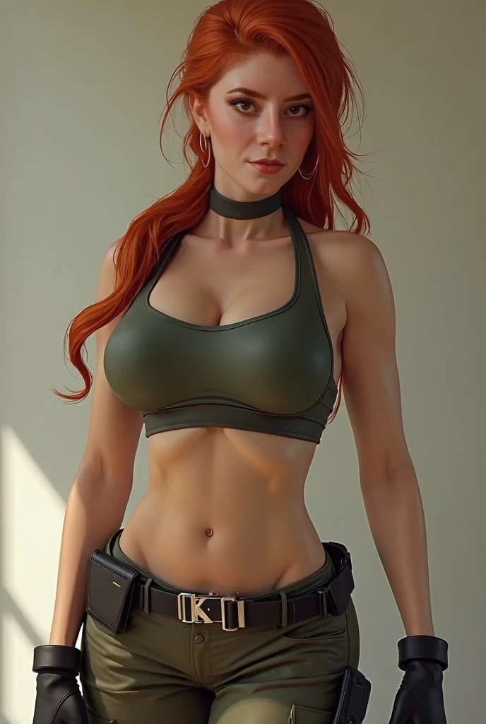 A beautiful detailed ginger-haired girl, Jennifer Korbin, cosplaying as Lara Croft, wearing tan shorts and a green top, steampunk style, against a blank white background, (best quality,4k,8k,highres,masterpiece:1.2),ultra-detailed,(realistic,photorealistic,photo-realistic:1.37),HDR,UHD,studio lighting,ultra-fine painting,sharp focus,physically-based rendering,extreme detail description,professional,vivid colors,bokeh