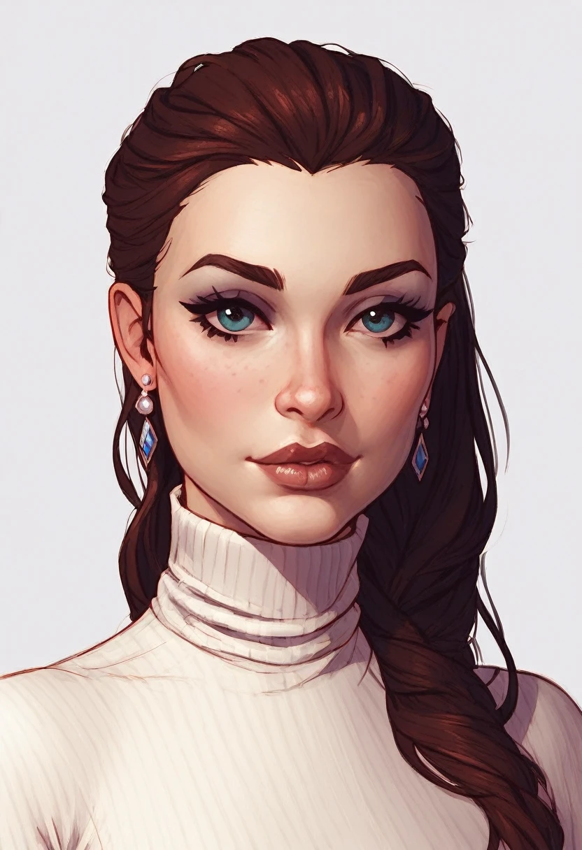 score_9, score_8_up,score_7_up, score_6_up, score_5_up, score_4_up, woman, best quality, highres, portrait, solo, beautiful, makeup, soft lips, (Arya Stark), (black dark hair), large cleavage, beautiful fur winter dress, (((simple background)))