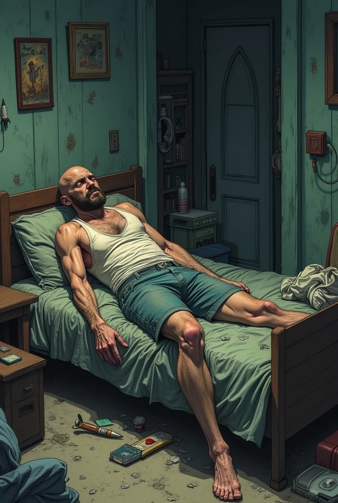 (nsfw), A photo of a 35 year old scruffy man, reading a newspaper, stubble ,sitting, table, coffee, toast, gym shorts, big penis, precum, cum on , white socks, man spread, morning light, hairy legs, dilf, 48yo, daddy, grey hair, from below