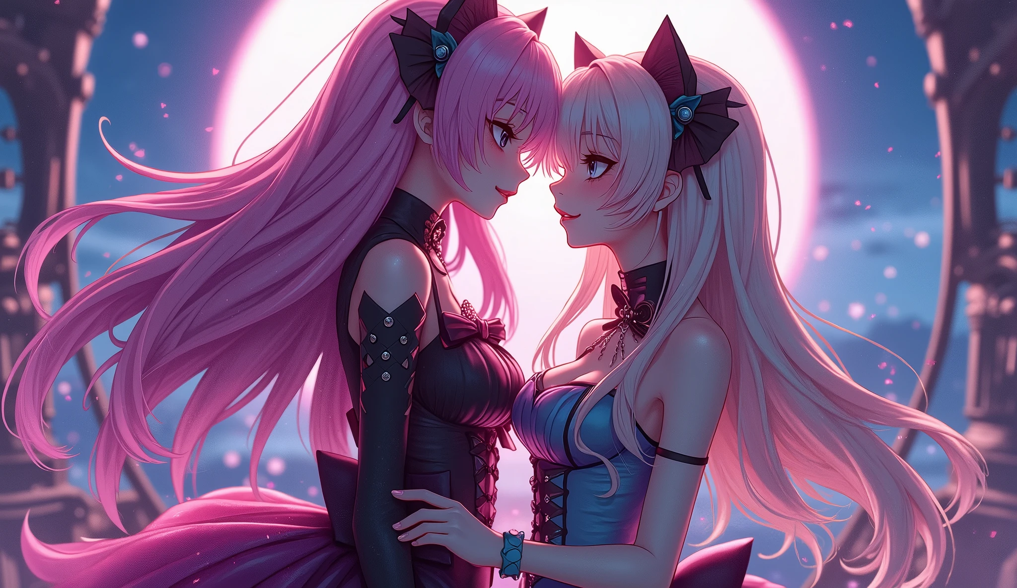 highest quality, big breastedium-length blonde hair,I can see the cleavage,pink heart eyes,super mini skirt,white feathers grow,Cat ear,cat tail,black knee highs,garter belt,black and white sleeveless maid uniform,twins、hug each other
