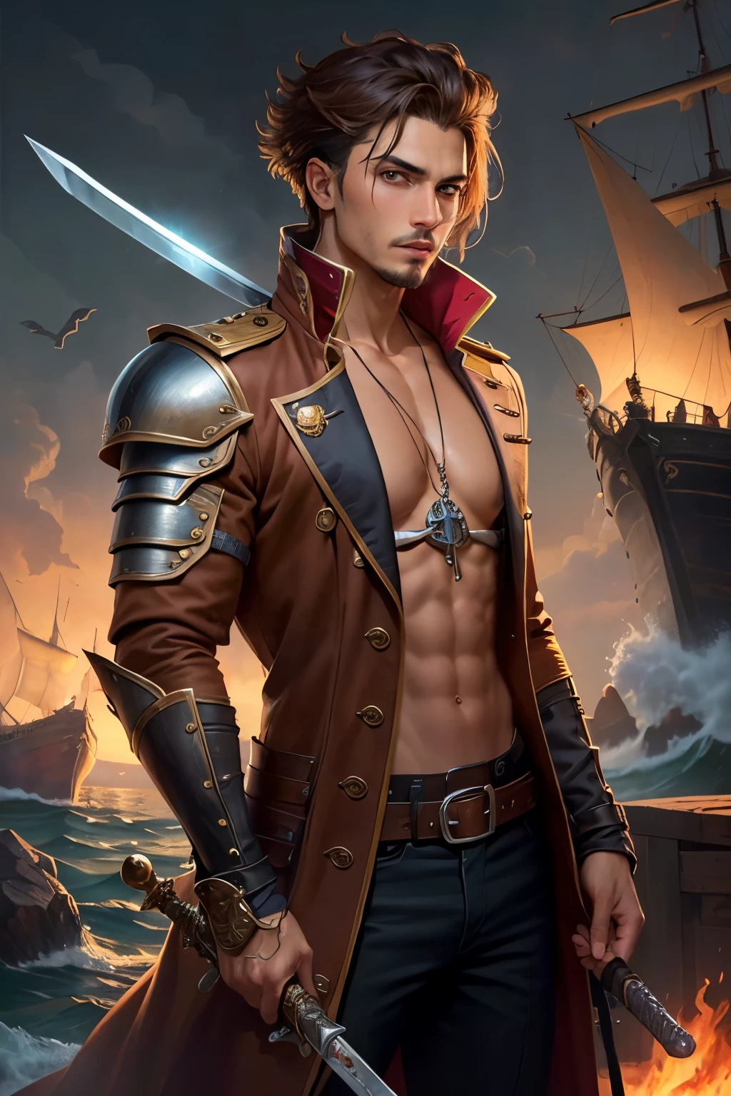 (Best Quality), (Ultra Fine), (Masterpiece), Illustrations, (Young Man), (Wheat Skin), Pirates, Tiny Smiles, Scene on Board