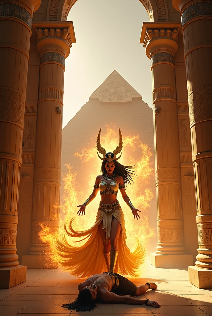Show Hathor, the Egyptian goddess of music, dance, and love, with a sun disk and cow horns on her head. She is playing a sistrum, surrounded by dancers and musicians in a grand celebration, with the setting sun casting a golden glow over the Nile. —ar 9:16 —s 1000