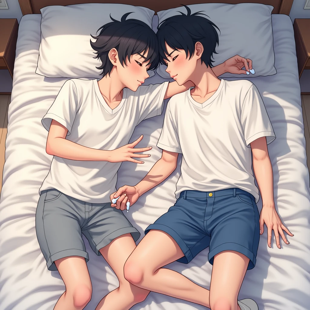 Two boys cuddling and kissing in bed.