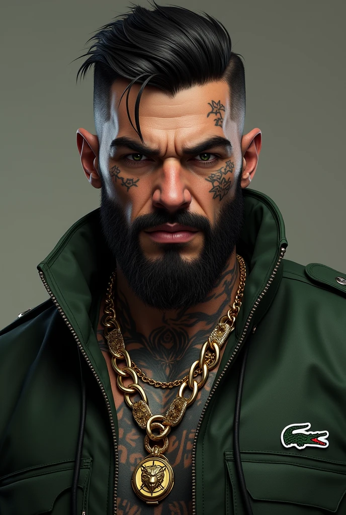 Fernando Diaz is 28 years old, cerca de 1,80 m tall and a strong physique. He has dark skin, short black hair and a stubble beard. His face is angular, with a scar on his right eyebrow and dark brown eyes. He wears dark, functional clothes., including a sleeveless black leather jacket with the Gaudérios Abutres symbol. He also wears a simple necklace with a medal of Saint George..