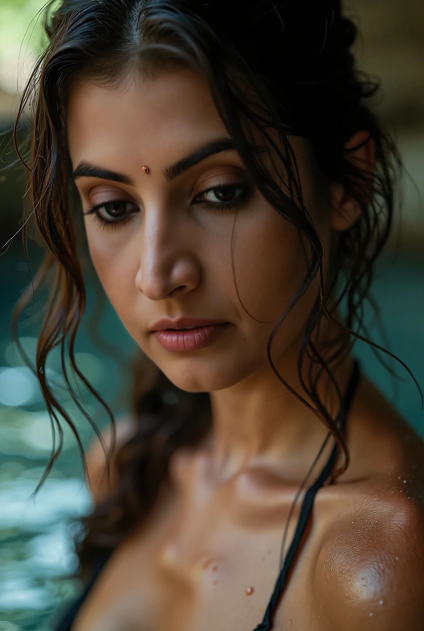 photo of indian young woman , photorealistic , hdr , modren , two tone , rim lighting, night, dark , makeup , smoky eyes , bathing in a pool , submerged in water , detailed face , realistic skin, photoshoot , wavy hair , fog , warm tone , lens flare