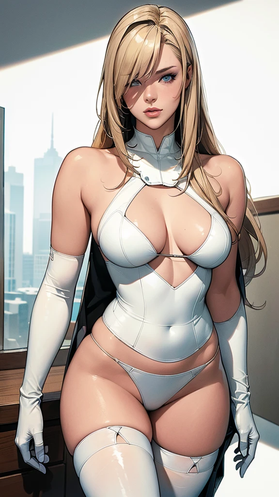 (((Woman))), (((best qualityer))), (((​masterpiece))), (((grown-up))), Alexis Texas, Uma gladiadora cyberpunk Woman de 25 anos com corpo perfeito, armour alienígena, madmax style, (( long blonde hair with bangs over the eyes )), (white elbow leather gloves), ((white leather thigh highs)) tiny leather panties, Ripped Metallica T-shirt, almost naked in Simon Bisley&#39;s wild urban style for the cover of Heavy Metal magazine, short blonde hair, Minimal clothing, Metal protection on the left arm with complex graphics, Dark red with white stars and black and white checkered pattern, armour, full of spikes and rivets, (((from the knee up))), short white blonde hair, in the background a wall painted by Banksy with an intricate design 