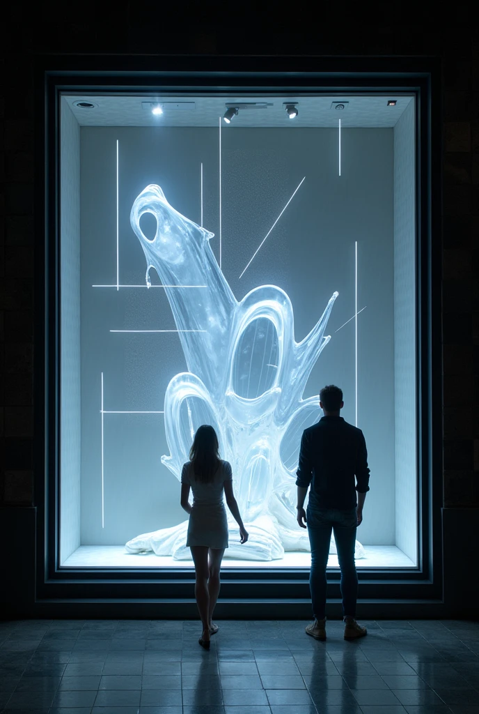 a glass cube with an two humans inside of it, trending on artstatioin, dark high-contrast concept art, monstrous animal statues, black and blue color scheme, hyper real render, sink ( ( ( fish tank ) ) ) ) ), evil fluid, box art, wolff olins, black resin, blue wall, resin