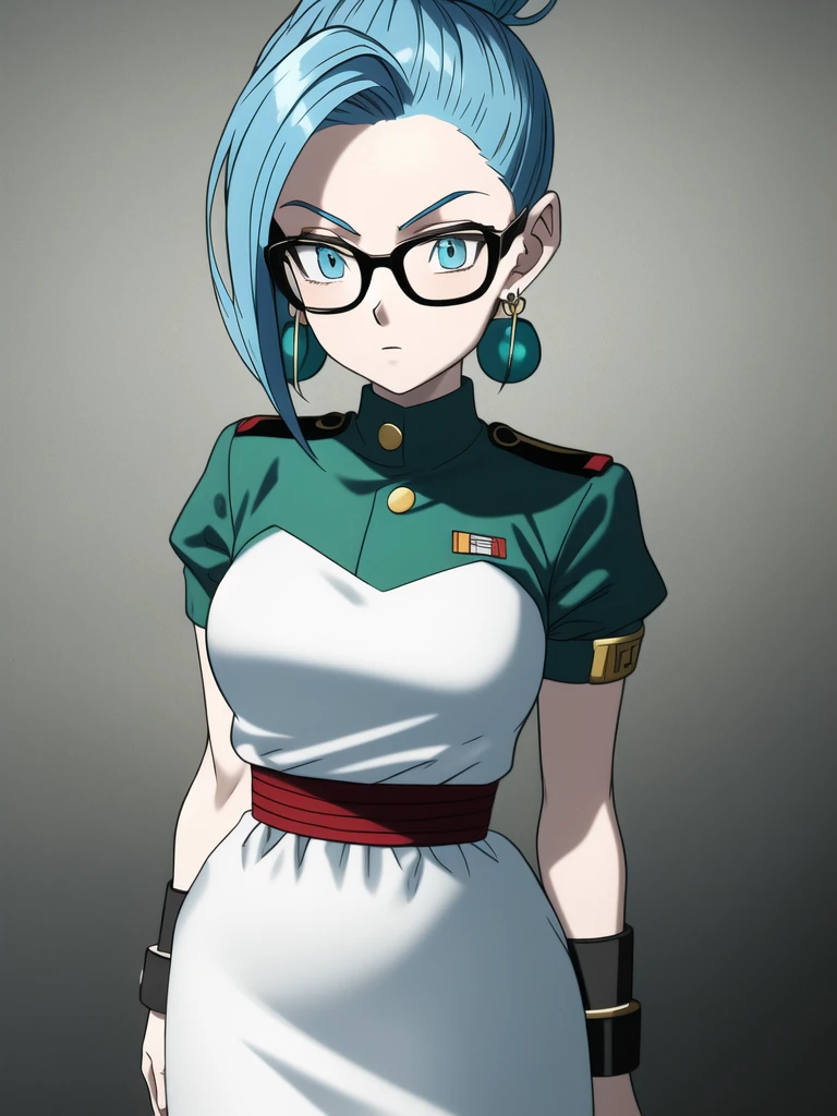 
dbsuper style, (extremely detailed CG unity 4k wallpaper),(masterpiece),(ultra quality),(ultra-detailed),(best illustration),(best shadow),(absurdres),(detailed background), 1girl, solo, round glasses, pale skin, breasts, pale alphine skin, topknot, military's uniform, medium breasts, blue hair, round earrings, pulse bracer, shy expression, blue eyes, shy face, green aura, standing
