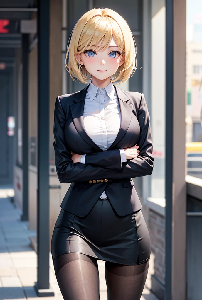 Anime style, super fine illustration, highly detailed, beautiful detailed, perfect detailed, super high quality image, static representation, gentle expression, happy expression, the pretty image, super stylish, 8k, pretty 1girl with blonde straight short hair & blue eyes & a bright smile & full bust & soft fair skin is a career woman supervisor who is not to show her skin wearing big light blue business shirt & black summer tailored jacket & black tight skirt & black pantyhose on the urban business buildings street, in the morning, solo, perfect fingers, no more fingers, no less fingers, perfect arms, no more arms, perfect legs, no more legs, no more hair, masterpiece.