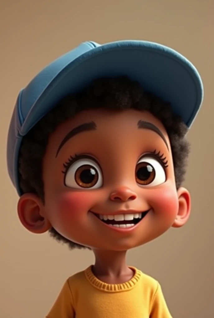 Create a fat dark-skinned boy with a Pink Panther cap and a black shirt.