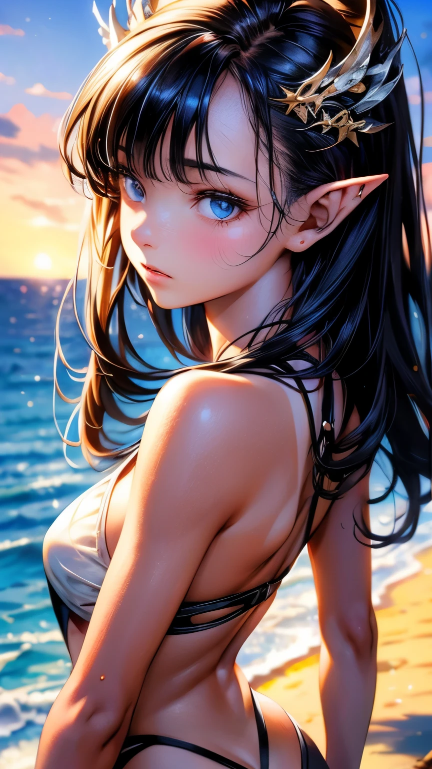 a beautiful anime girl with long black hair, blue eyes, pointy ears, timid expression, small breasts, outdoors, seaside, swimtan, one-piece tan, tanline, tan, bikini, full body, from back, belly, swimsuit tan, (best quality,4k,8k,highres,masterpiece:1.2),ultra-detailed,(realistic,photorealistic,photo-realistic:1.37),intricate details, extremely detailed face and eyes, soft lighting, warm color palette, cinematic composition