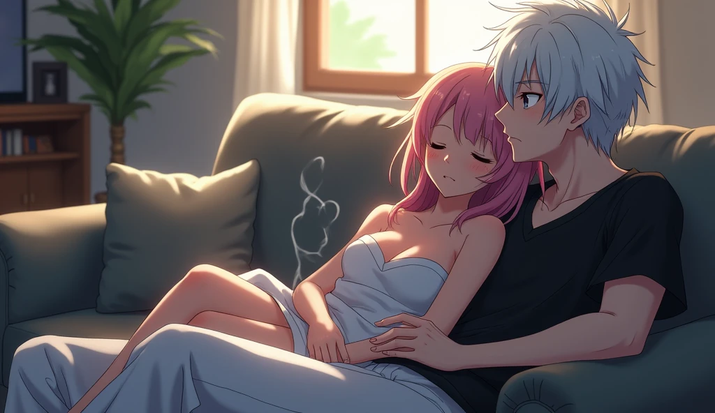 Anime boy with white hair, curly hair, pink eyes, pale white skin, grey eyebrows, glossy lips tall muscular , cuddling shy female with long light pink hair, curvy, big breast, bikini indoors bedroom  cuddling in bed raining weather noble home nervous 
