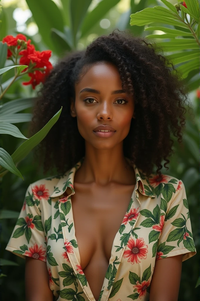A Brazilian woman in a lush tropical garden, wearing an open shirt with a floral print, with a close-up capturing the harmonious beauty between her breasts and the natural flowers, showing off your natural charm and outgoing personality.