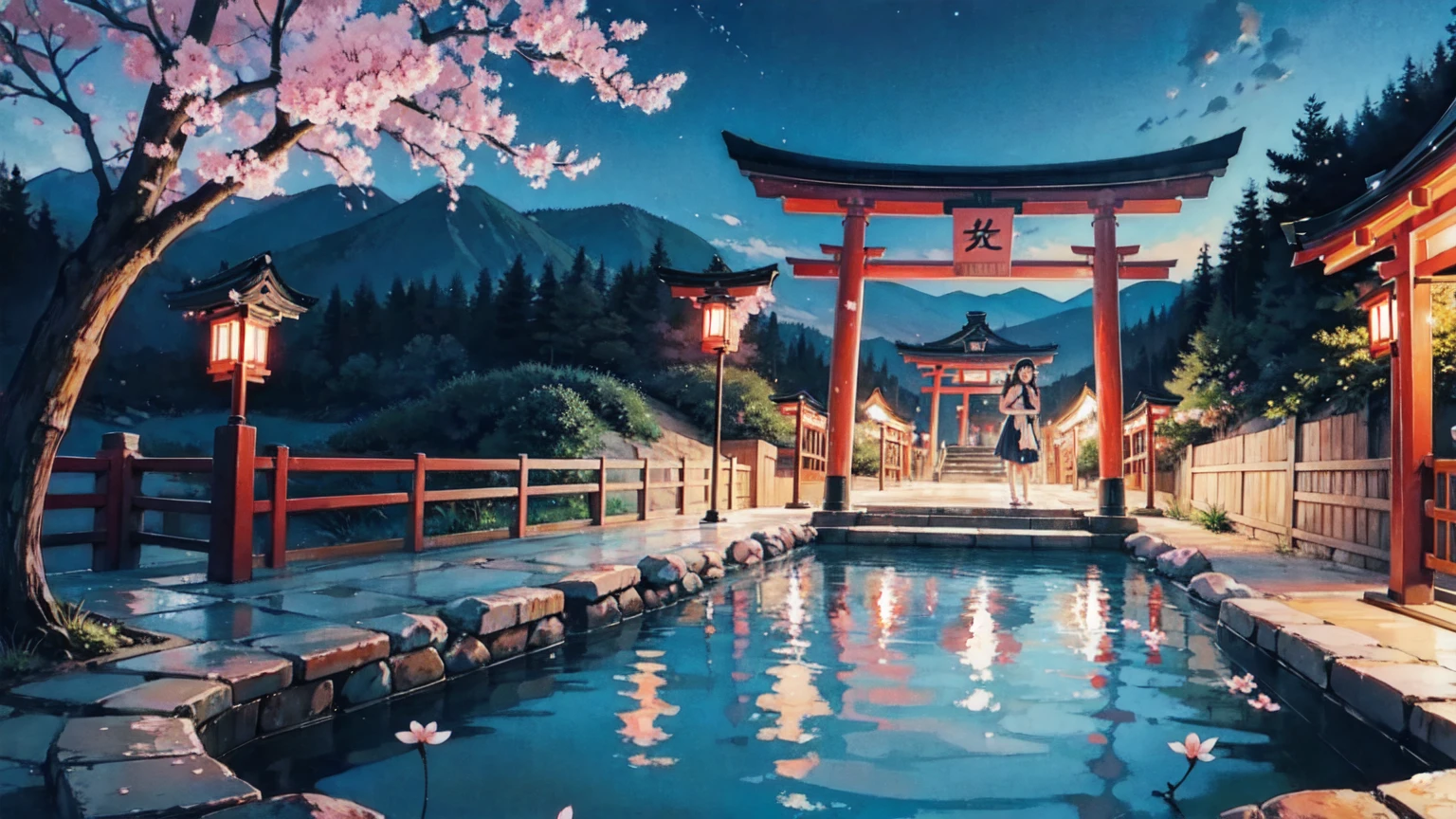 Girls in hot spring, nostalgic, beautiful painting, night, hot spring, torii gate, cherry blossom, cute girl