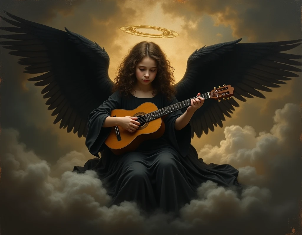 ((dark Renaissance by Giovanni Bellini)) ((teen angel girl with dark wings He plays the lute)), solo, ((sitting on the cloud)), tragic scene, nimb, dark clouds, black sad eyes, half-turned gaze to the viewer, bowed head, dark tunic, curly brown hair, ((Giovanni Bellini style)), dark Renaissance, gradient of aged yellowed canvas, ((best quality, masterpiece)), (more rights high detail), Impressionism:1.1 , 8k