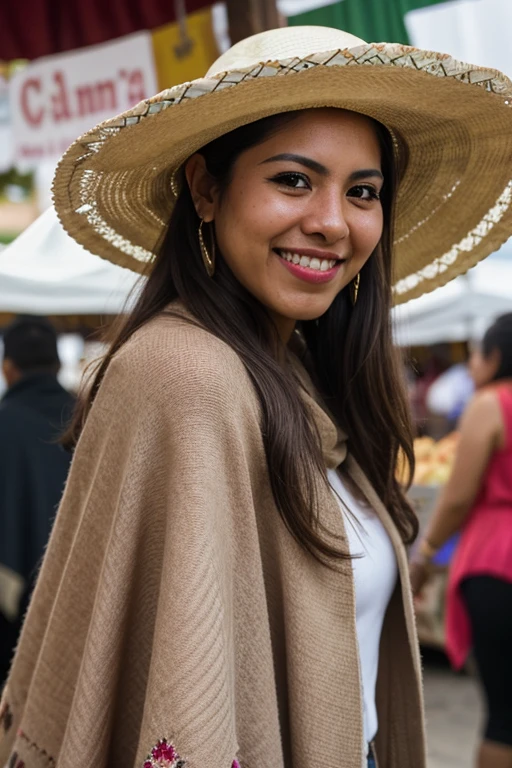 one Mexican woman, on a Mexican Market, wearing a sombrero and poncho, RAW Photo, DSLR,  (depth of field), traditional hair, playful pose, 27yo, smiling,  stunning sunny weather,  soft lighting,