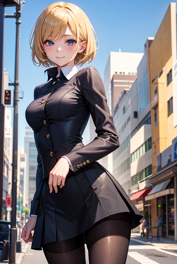 Anime style, super fine illustration, highly detailed, beautiful detailed, perfect detailed, super high quality image, static representation, gentle expression, happy expression, the pretty image, 8k, pretty 1girl with blonde straight short hair & blue eyes & a bright smile & full bust & soft fair skin is a career woman who is very hard working not to show her skin wearing black tight skirt & black pantyhose on the urban business buildings street, in the morning, solo, perfect fingers, no more fingers, no less fingers, perfect arms, no more arms, perfect legs, no more legs, no more hair, masterpiece.