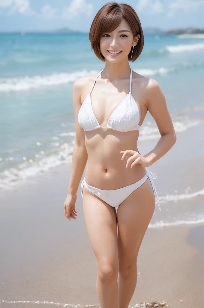 Beautiful woman, Japanese announcer, ((white bikini)), looking us, and little smiling, walking on the beach, (full body shot), incredibly detailed face, incredibly detailed beautiful eye, ((double eyelid)), glossy lips, ((focus on face)), ginger drill shorts hair, slender body, masterpiece, beautiful legs, high quality, best quality, highly detailed, insanely detailed, 8K